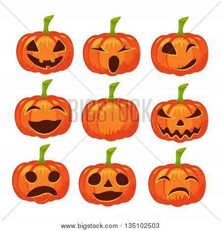 Vector set of isolated pumpkin icons. Halloween design emotion laughing angry smiling sad scary evil winking smile. Jack lantern for website flier invitation card