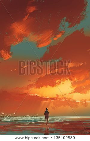 lonely man standing on the sea under sunset sky, illustration painting