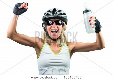 Excited cyclist enjoying the win. Concept Winning in sports. Isolated on white background