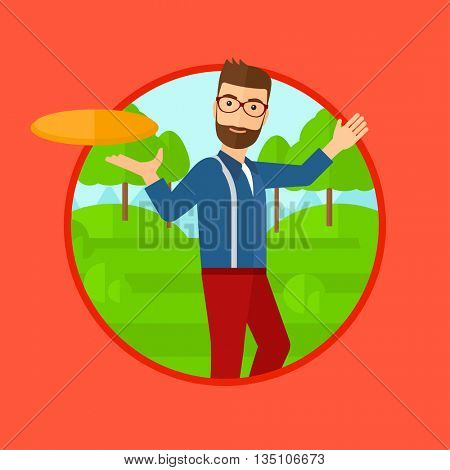 A hipster man with the beard playing flying disc in the park. Man throwing a flying disc. Sportsman catching flying disc outdoors. Vector flat design illustration in the circle isolated on background.