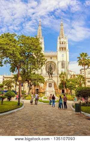 Metropolitan Cathedral Church And Simon Bolivar Statue In Guayaquil, Ecuador.