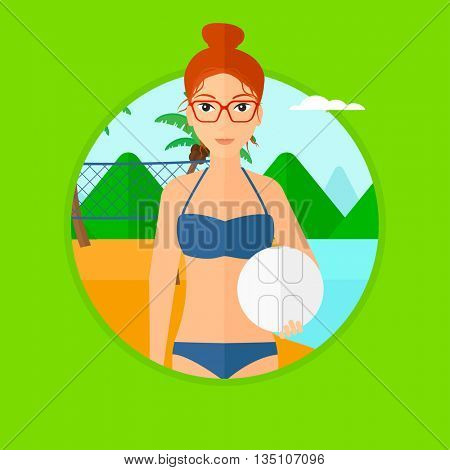 Young sports woman holding volleyball ball in hands. Sportive beach volleyball player standing at the shore with voleyball net. Vector flat design illustration in the circle isolated on background.