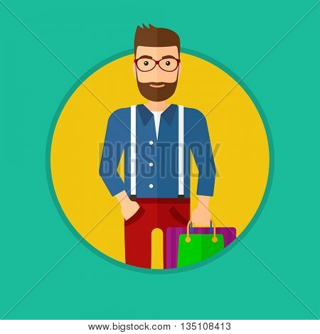 A hipster man with the beard holding shopping bags. Happy young man carrying shopping bags. Man with a lot of shopping bags. Vector flat design illustration in the circle isolated on background.