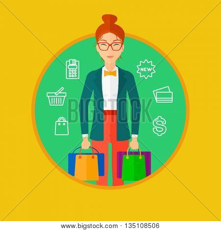 Woman holding shopping bags. Happy young woman carrying shopping bags and a lot of shopping icons on a background. Vector flat design illustration in the circle isolated on background.