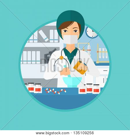 Pharmacist using mortar and pestle for preparing medicine in the laboratory. Pharmacist mixing medicine at the hospital pharmacy. Vector flat design illustration in the circle isolated on background.