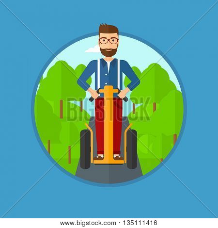 A hipster man with the beard driving electric scooter in the park. Man on self-balancing electric scooter with two wheels. Vector flat design illustration in the circle isolated on background.