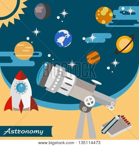 Astronomy. The observatory and space exploration. Flat vector illustration