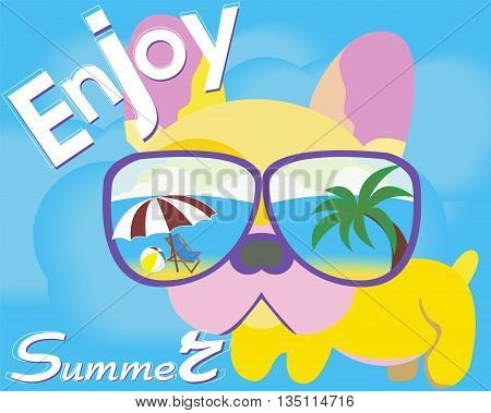 Card. Enjoy your summer. French Bulldog in stylish sunglasses. Flat vector illustration