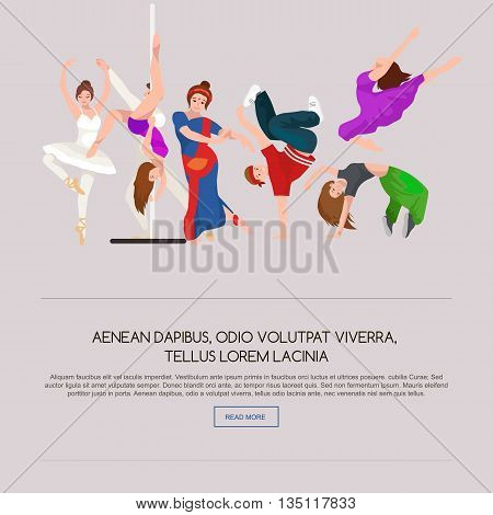 Vector illustration of couple dancing modern dance, Partners dance bachata, Dancing style design concept set, traditional dance flat icon isolated vector illustration, Man and woman ballroom dancing.