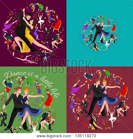 Vector illustration of couple dancing modern dance, Partners dance bachata, Dancing style design concept set, traditional dance flat icon isolated vector illustration, Man and woman ballroom dancing.