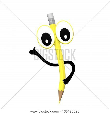 Yellow pencil character with eyes and hands. Character is giving a thumbs up. Isolated 3D illustration.