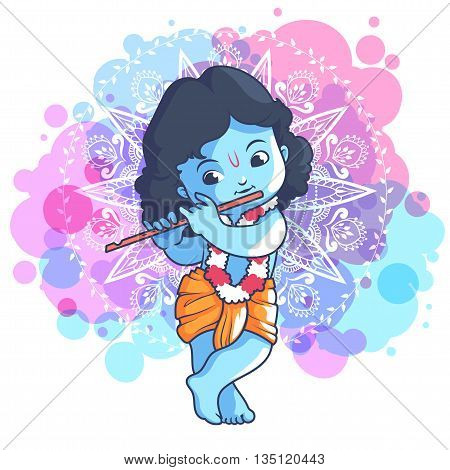 Little Cartoon Krishna With A Flute.