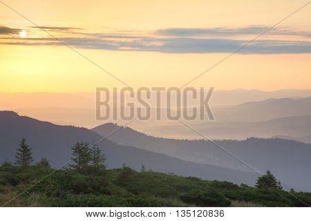 Gentle colorf of  Sunrise Sky and Mountains Ranges  Background, Beautiful Landscape