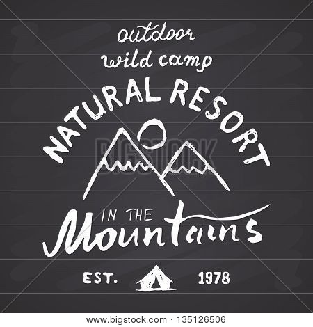 Mountains handdrawn sketch emblem. outdoor camping and hiking activity Extreme sports outdoor adventure symbol vector illustration on chalkboard background.