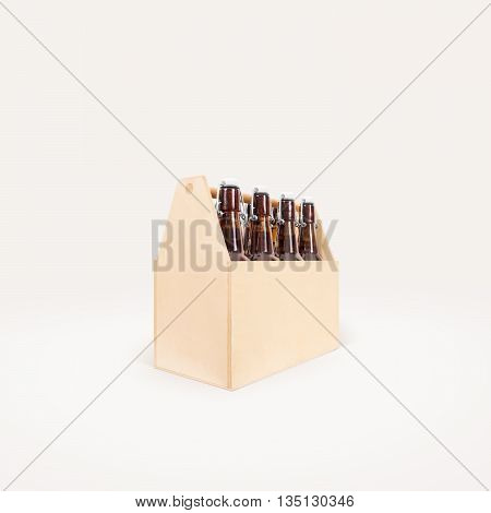 Beer wooden box side mock up isolated. Blank wood cold beer packaging mockup stand. Beer bottles with lightning stopper in wooden crate. Group beer pack. Alcohol package display view.