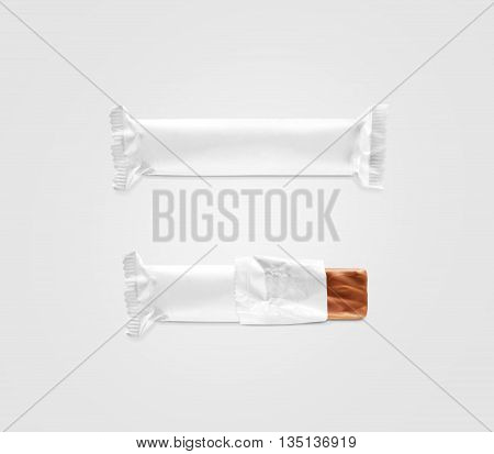 Blank white candy bar plastic wrap mockup isolated. Closed and opened chocolate bar packaging wrapper template. Choco factory logo candybar package mock up. Sweet pastry shop energy bar container.