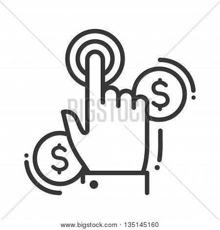 Pay per click single isolated modern vector line design icon with a hand clicking the button and dollar sign coins
