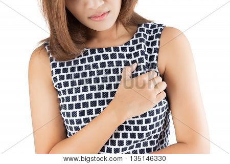 Woman is clutching her chest acute pain possible heart attack