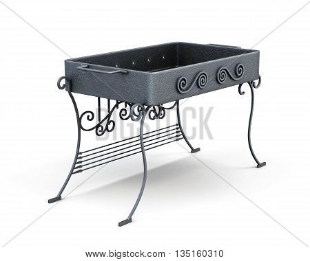Portable barbecue isolated on a white background. Metal mangal. 3d rendering.