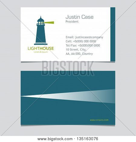 Lighthouse business sign & Business card vector template. Lighthouse & abstract waves icon. Nautical banner. Corporate identity template. Editable layered vector illustration. Sample text.