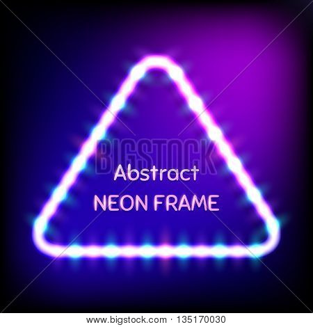 Glowing neon triangle frame with light bulbs on colorful dark background for your design. Vector illustration. EPS 10