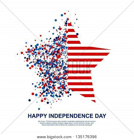 Happy Independence Day festive greeting card with scatter circles and stripes in star shape. Design concept poster in traditional American colors - red white blue. Isolated.