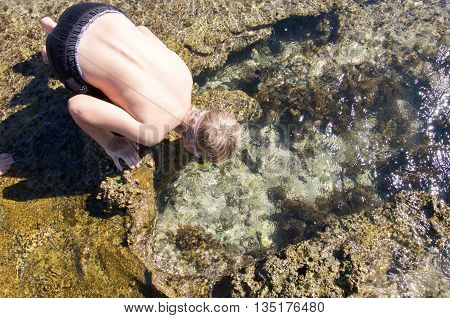 KALBARRI,WA,AUSTRALIA-APRIL 21,2016: Tourist getting a closeup look at the underwater fringe reef in the rock pools at Blue Holes beach in Kalbarri, Western Australia.