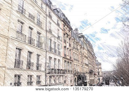 Apartments 6th Arr, Paris, France. Daytime. Colour Pencil drawing generated from photograph.