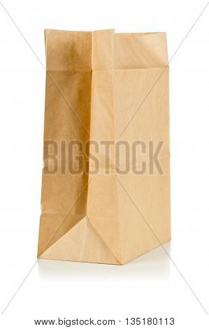 Clean brown paper bag from recycled paper on white background