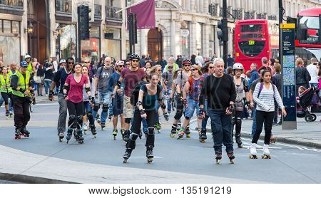 LONDON, UK - OCTOBER 4, 2016: London's roller skaters at the Regent street
