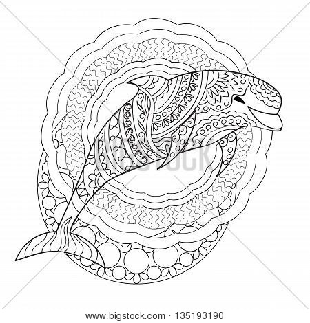 Hand drawn decorated isolated dolphin with mandalas on the white background. Image for adult and children coloring book engraving etching embroidery decorate t-shorts tunics tattoo. eps 10