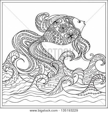 Hand drawn decorated fish in the ocean with waves. Image for adult and children coloring book engraving etching embroidery decorate t-shorts tunics. eps 10