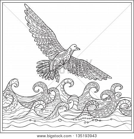 Hand drawn decorated gaviota over the ocean with waves. Image for adult and children coloring book engraving etching embroidery decorate t-shorts tunics. eps 10