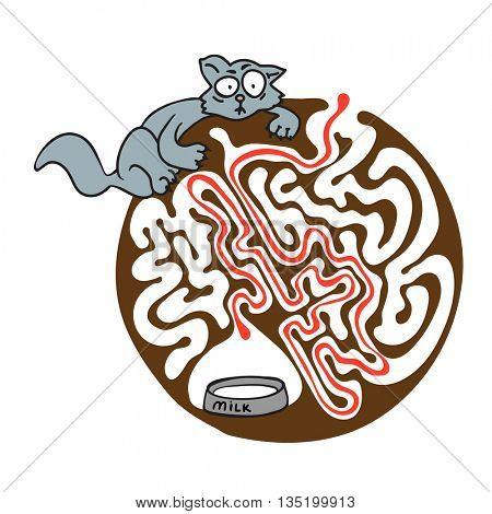 Maze puzzle for kids with cat and milk. Labyrinth illustration, solution included.