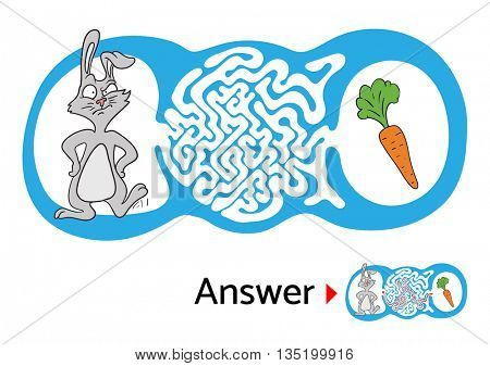 Maze puzzle for kids with rabbit and carrot. Labyrinth illustration, solution included.