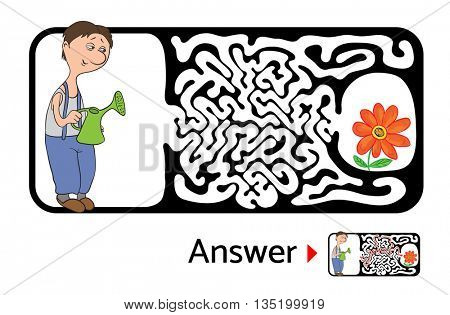 Maze puzzle for kids with gardener and flower. Labyrinth illustration, solution included.