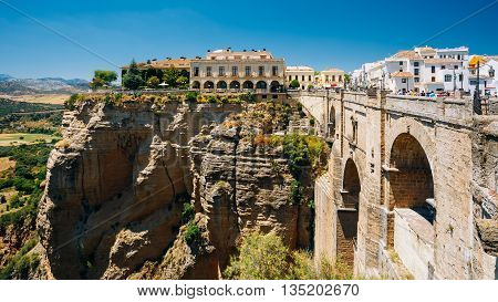 Panorama Of The Tajo De Ronda Is A Gorge Carved By The Guadalevin River, On Which The Town Of Ronda, Spain.