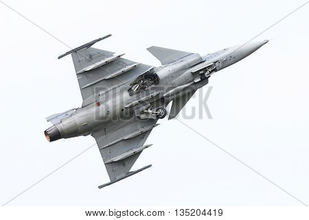 Leeuwarden, The Netherlands-june 10: Modern Tactical Fighter Jet Jas-39 Gripen Performs At The Dutch