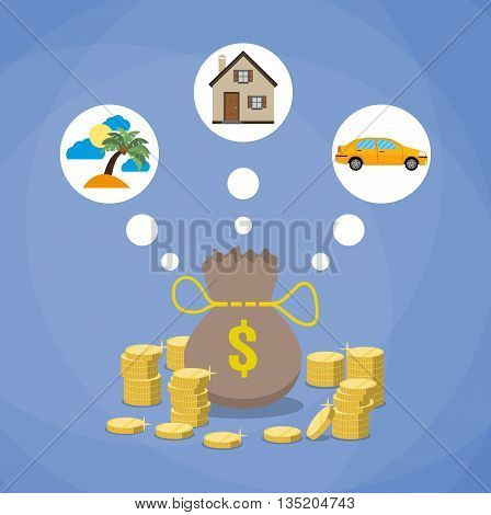 holidays, car and house. money bag and stacks of gold coins, investment, savings future planing concept. flat design. vecor illustration on blue background