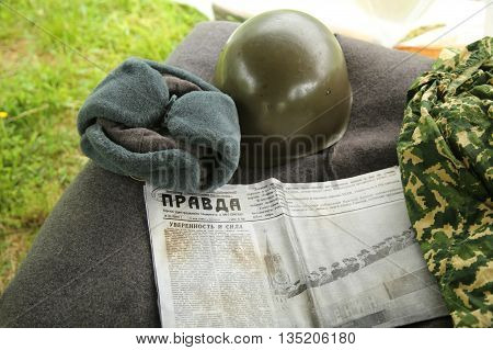 OLD BRETHPAGE, NEW YORK - MAY 22, 2016: World War II Soviet Army military memorabilia on display during World War II encampment in Old Bethpage, NY