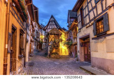 Rempart-sud street in Eguisheim by night Alsace France