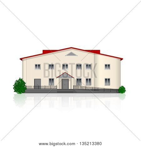 Separately standing office building isolated on white background with reflection and bushes. Vector illustration