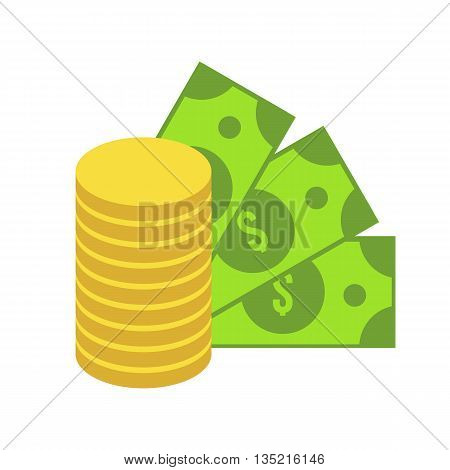 Dollar and money isolated icons. Stack of coins, green banknote. Sign of finance. Flat money vector icon. Business symbol. Cash icon. Bank investment illustration