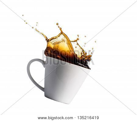 cup of splashing coffee isolated on white.