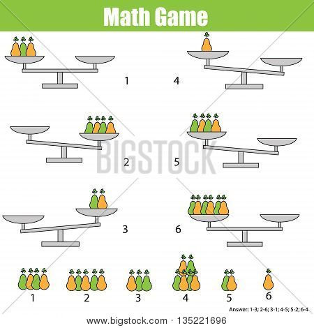 Mathematics educational game for children. Balance the scale. Learning counting mathematical equation weights and algebra