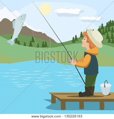 boy catching fish with rod - colorful vector cartoon illustration