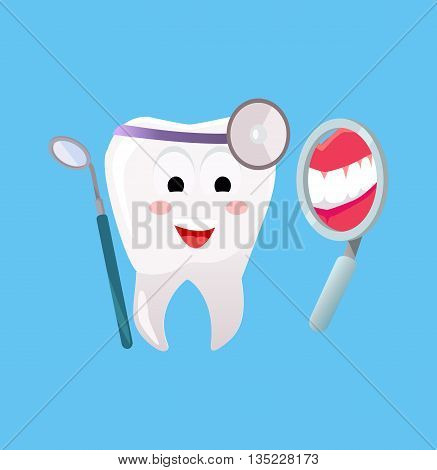Concept of Dentistry Banner Poster. Cartoon tooth with dental instruments looking in the mirror for happy smile design flat style. Medicine stomatology placard with space for text vector illustration
