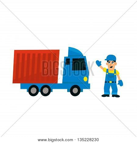Worker And Delievery Truck Simplified Flat Vector Design Colorful Illustration On White Background
