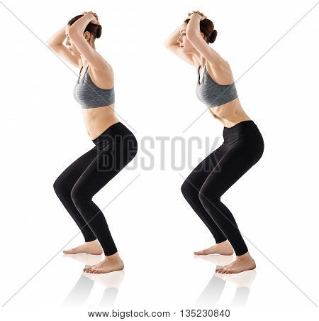 Sporty beautiful young woman practicing Uddiyana Bandha technique isolated on white