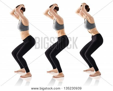 Sporty beautiful young woman practicing Uddiyana Bandha technique isolated on white